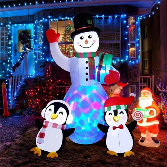 Christmas Inflatables Outdoor Decorations, 8 FT Inflatable Snowman with Penguins - Picture 1 of 7